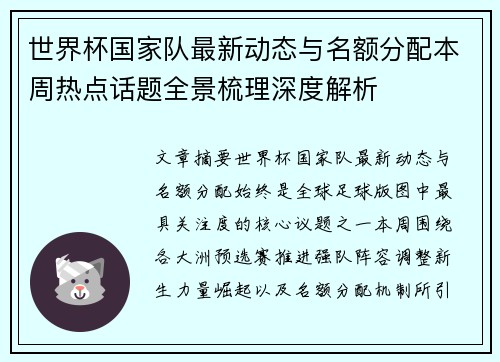 世界杯国家队最新动态与名额分配本周热点话题全景梳理深度解析 世界杯国家队最新动态与名额分配本周热点话题全景梳理深度解析