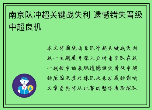 南京队冲超关键战失利 遗憾错失晋级中超良机