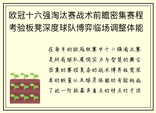 欧冠十六强淘汰赛战术前瞻密集赛程考验板凳深度球队博弈临场调整体能
